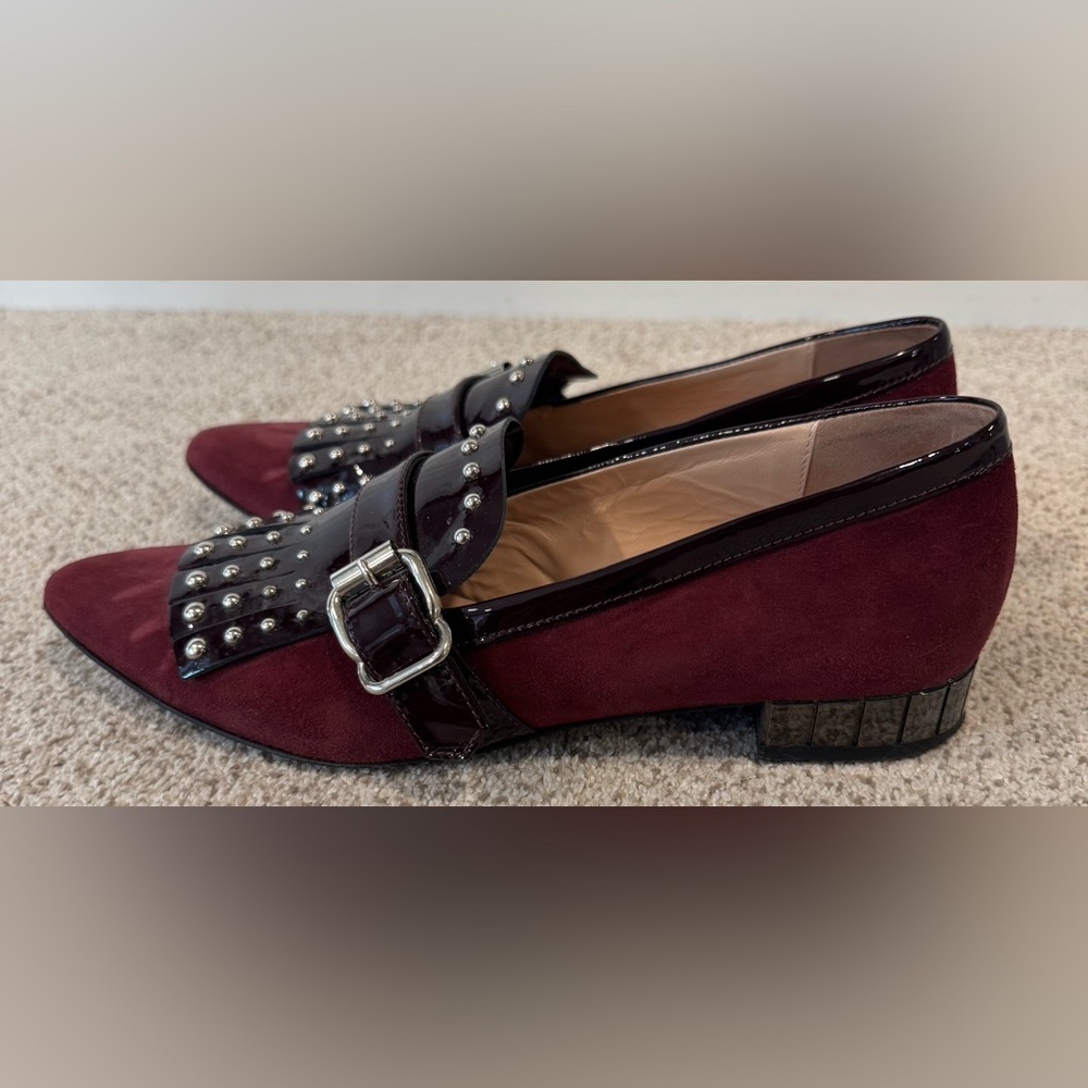 Napoleoni Italian Maroon Leather Studded Fringe Kiltie Buckle Loafer Flat 8/8.5 - Picture 5 of 10